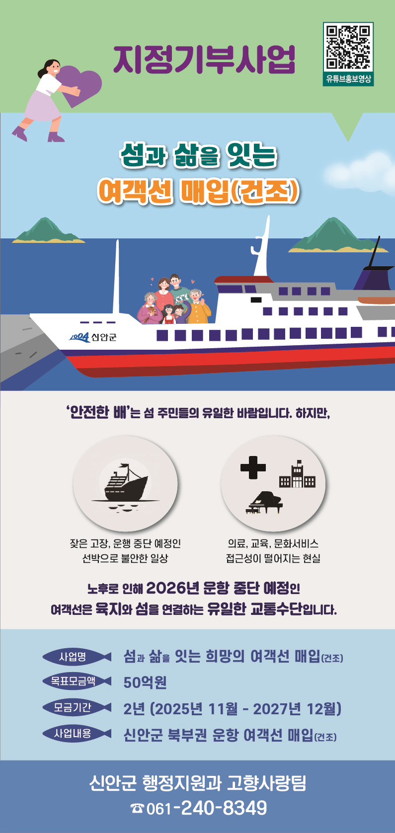 지정기구사업 - 섬가 삶을 잇는 여객선 매입(건조) 안전한배는 섬 주민들의 유일한 바람입니다. 하지만,
					잦은 고장, 운행 중단 예정인 선박으로 불안한 일상 / 의료, 교육, 문화서비스 접근성이 떨어지는 현실 / 노후로 인해 2026년 운항 중단 예정인 여객선은 육지와 섬을 연결하는 유일한 교통수단입니다.
					사업명 : 섬과 삼을 잇는 희망의 여객선 매입(건조) / 목표모금액 : 50억원 / 모금기간 : 2년(2025년 11월 ~ 2027년 12월) / 사업내용 : 신안군 북부권 운항 여객선 매입(건조) / 신안군 행정지원과 고향사랑팀 전화 061-240-8349
					QR코드 이미지(이 QR 코드는 지정기부사업 유튜브 홍보영상 페이지(https://youtube.com/shorts/iolwA441kC4?si=PWP_gddZ0cwa_eNs)로 연결됩니다.