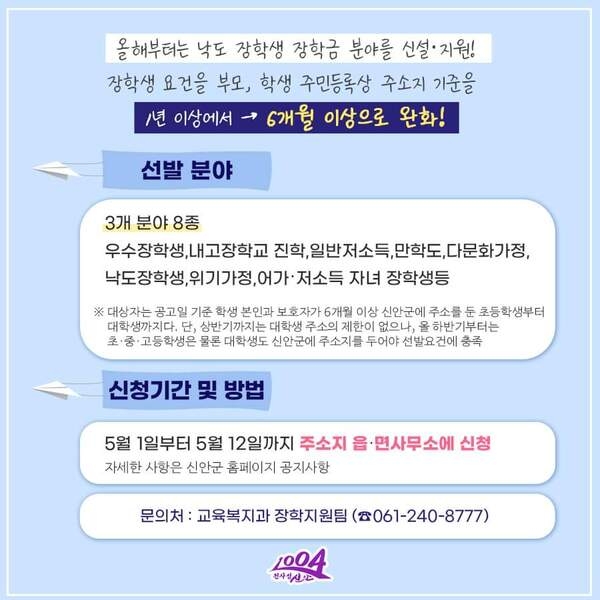 (재)신안군장학재단, 2023년도 상반기 장학생 신청 접수..'올 상반기 우수장학생, 저소득 장학생 등 5월1일~12일까지' 2