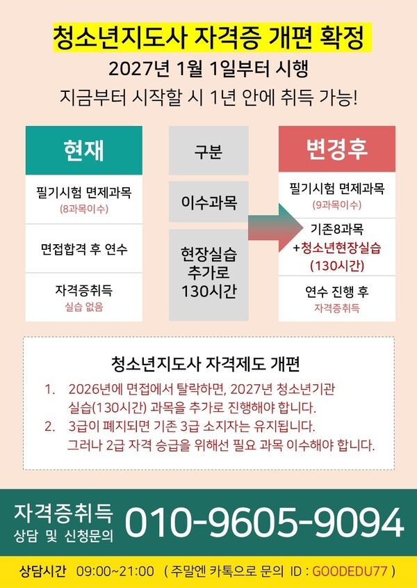 【4개월 과정】청소년지도사2.3급 법 개정전 취득해야하는 이유 1